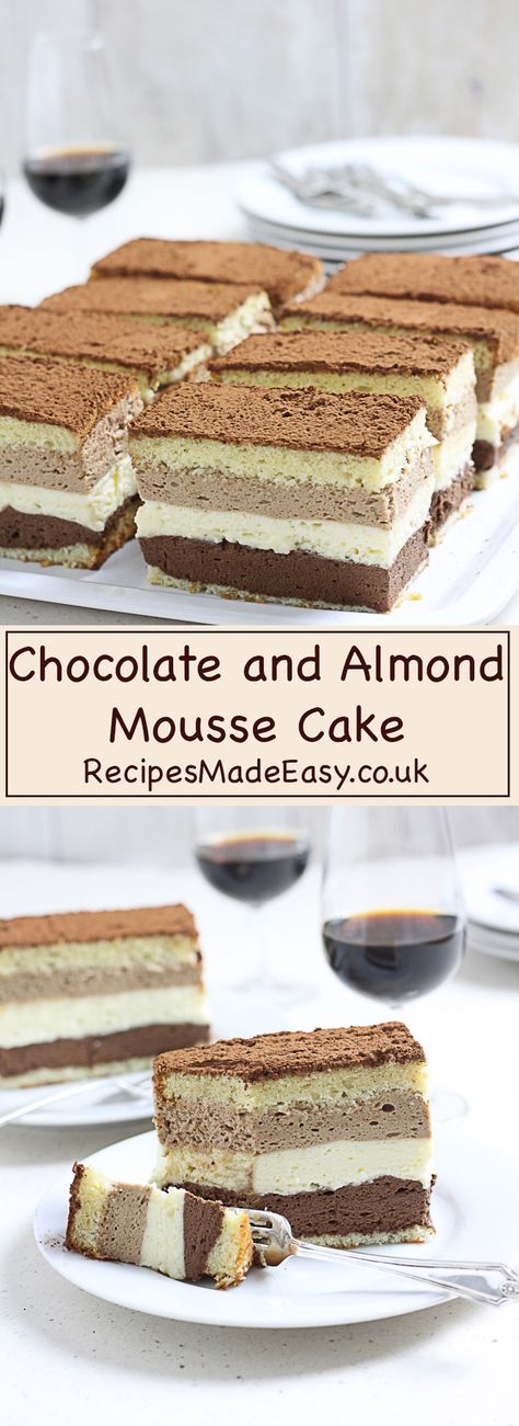 Three layers of delicious rich chocolate mousse set between almond flavoured genoise sponge. This triple chocolate mousse cake is a chocolate lovers dream. Almond Mousse, Rich Chocolate Mousse, Triple Chocolate Mousse, Genoise Sponge, Triple Chocolate Mousse Cake, Chocolate Mousse Cake, British Baking, Almond Flavor, Delicious Cake Recipes