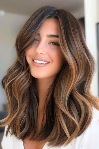 Lob Brown Balayage, Hair Color Ideas For Brunettes Pale Skin, Caramel Balayage With Curtain Bangs, Balayage For Pale Skin Brunettes, Light Brown Highlighted Hair, 2024 Long Hair Trends For Women, Brunette Ombre Balayage, Dark Brown Balayage Hair, Balayage For Dark Brown Hair