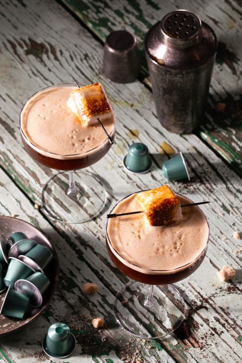 Toasted Marshmallow Espresso Martini Toasted Marshmallow Martini, Smores Espresso Martini, Marshmallow Cocktail, Wine Ingredients, Summer Campfire, Main Salad, Nespresso Pods, Brunch Cocktails, Beer Cocktails