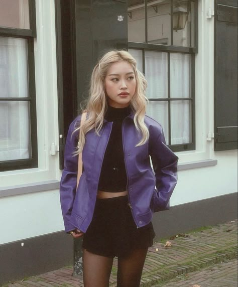 Purple Leather Jacket, Purple Outfits, Spring Trends, Looks Vintage, Fashion Killa, Aesthetic Outfits, Outfits Aesthetic, Asian Fashion, Look Fashion