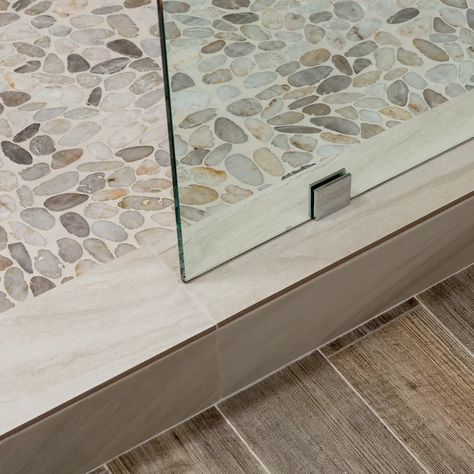 Shower Threshold Ideas, Stand Up Shower Pebble Floor, Stone Bottom Shower Pebble Floor, Bathroom Remodel Pebble Shower Floor, Subway Tile Shower Pebble Floor, Pebble Stone Shower Floor Tilebar, Bathroom Rehab, Shower Threshold, Farm Bedroom