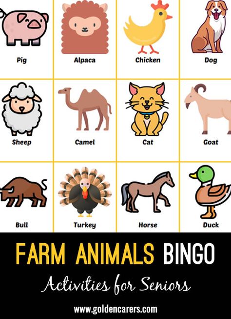 Farm Animals Bingo: A farm animals-themed bingo to enjoy! Duck Farming, Activity Director, Chicken For Dogs, Pet Day, Diy Activities, Bingo Games, Free Activities, Animals Of The World, Bingo