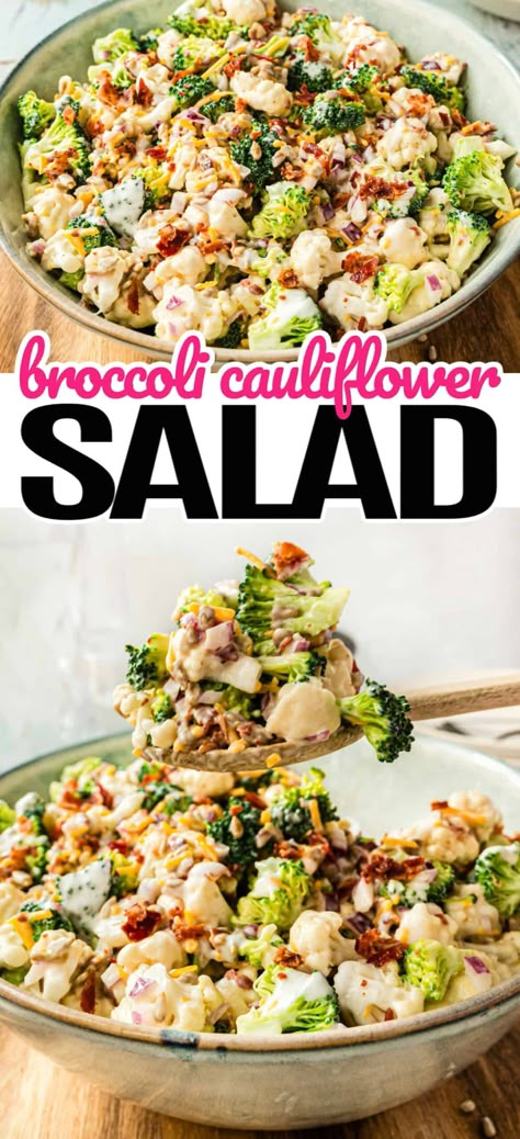 Broccoli Cauliflower Salad is a potluck dream, full of fresh veggies, crispy bacon, sunflower seeds, cheese, and an easy flavorful dressing! Cauliflower Salad With Bacon, Bacon Cauliflower Salad, Broccoli And Cauliflower Salad, Broccoli Cauliflower Salad Recipes, Special Salad, Cauliflower Salad Recipe, Salad Broccoli, Sliced Carrots, Best Broccoli