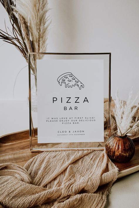 Pizza Bar Canva Wedding Sign Template - Edit at home and print Pizza Truck At Wedding, Reception Pizza Bar, Pizza Served At Wedding, Pizza And Salad Bar Wedding, Wedding Pizza Sign, Pizza Oven Wedding, Pizza Bar Wedding Receptions, Romantic Party Ideas, Pizza Station Wedding