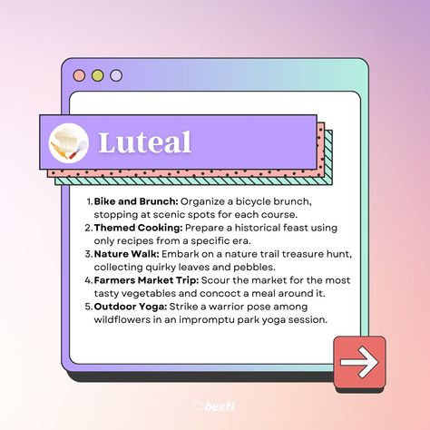 Ever notice how your energy and mood shift throughout the month? These suggestions are all about embracing those changes! From chill reading nooks when you’re feeling low-key to wild nights out when you’re on top of the world - there’s something for every phase. Which ideas vibe with you right now? Personally, we’re eyeing all things #luteal 🪴 Make sure to secure your Besti Box to have all the necessities through your cycle. #CycleSync #SelfCare #periodeducation #bestibox Feeling Low, Warrior Pose, On Top Of The World, Reading Nooks, Outdoor Yoga, Nature Trail, Yoga Session, Top Of The World, Treasure Hunt