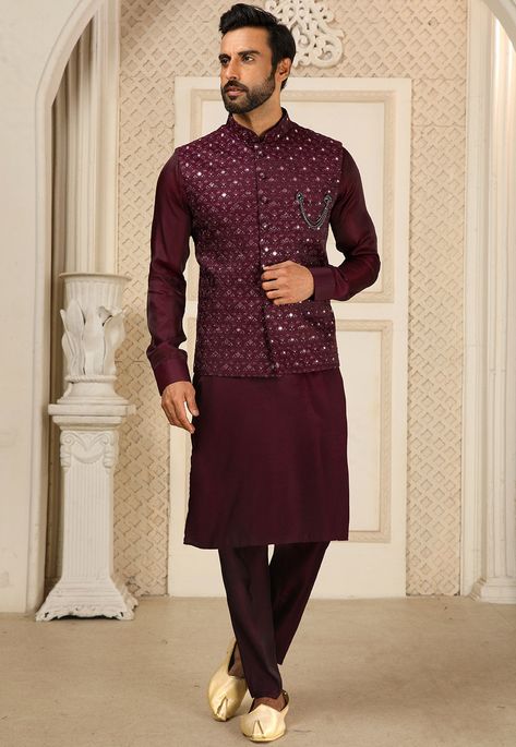 Art Silk Kurta in Wine This Readymade attire is Enhanced with Brooch, Buttons, Mirror Effect, Resham and Sequins Work and is Crafted in Chinese Collar Neck and Full Sleeve Available with an Art Silk Aligarhi Pant in Wine and an Art Silk Nehru Jacket in Wine Do note: Footwear shown in the image is for presentation purposes only. Half to one inch may vary in measurement. (Slight variation in actual color vs. image is possible) Wine Kurta For Men, Kurta Paijama Jacket For Men, Kurta Designs Men's, Nehru Jacket For Men, Wedding Fits, Wedding Kurta, Wedding Kurta For Men, Groom Dress Men, Gaurav Gupta