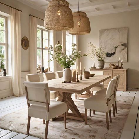 Beige Dinner Room, Dining Room Neutral Decor, Dining Room Off Living Room, Beige Aesthetic Dining Room, Dining Room In Front Of House Entryway, Dining Room Design Cozy, Modern Farmhouse Dining Room Decor Ideas, Plaster Dining Room, Cute Dining Room Ideas