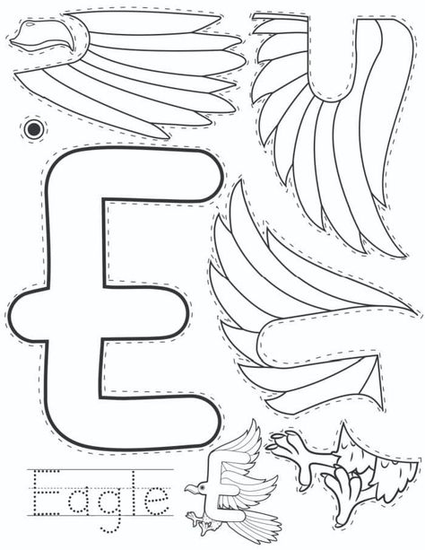 Kids learning the alphabet will love these free letter crafts. Featuring every letter from A to Z these coloring pages can be cut and crafted Letter E Crafts For Preschoolers, E Is For Eagle, Kangaroo Craft, Letter E Activities, Letter E Craft, Eagle Craft, Free Alphabet Printables, Letter A Coloring Pages, Preschool Activities Printable