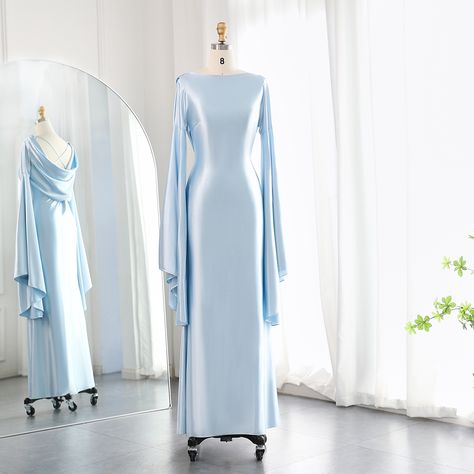 SF027 Arabic Light Blue Mermaid Evening Dress with Flare Long Sleeves Criss Cross Dubai Women Wedding Party Gowns Light Blue Gown, Long Sleeve Wedding Gown, White Quinceanera Dresses, Dubai Women, Purple Quinceanera Dresses, Quinceanera Dresses Gold, Black Quinceanera Dresses, Light Blue Long Sleeve, Quinceanera Dresses Pink