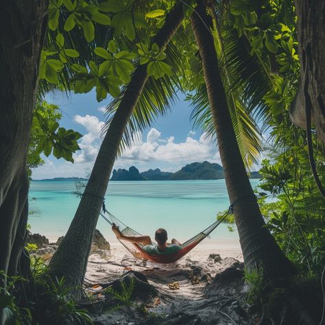 Hammock Beach Relaxation: A tranquil escape between two palms, overlooking the serene beach and crystal blue waters from a hammock. #beach #relaxation #hammock #palms #tranquility #ocean #nature #getaway #aiart #aiphoto #stockcake https://ayr.app/l/iHFk Relaxing On A Beach, Hammock Photos, Beach Relaxation, Hammock Beach, Beach Hammock, Ocean Nature, Exotic Places, Crystal Blue, Refreshing Cocktails