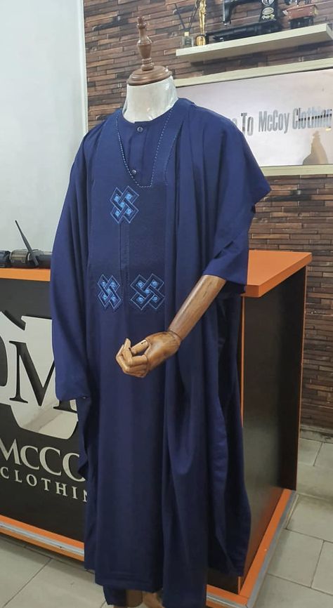 Traditional Maxi-length Agbada For Ceremonies, Traditional Blue Agbada With Dabka, Traditional Long Agbada In Free Size, Blue Agbada, Traditional Blue Agbada With Traditional Patterns, Black Brides Hairstyles, Agbada Design, Nigerian Men Fashion, African Wear Styles For Men