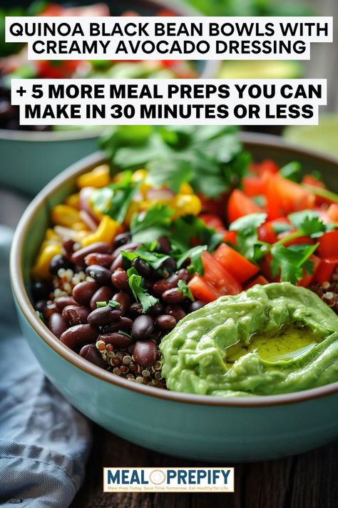 A colorful quinoa black bean bowl garnished with fresh avocado dressing, a perfect example of a healthy meal prep done in 30 minutes or less. Enchilada Bowl Meal Prep, Nutrient Dense Meal Prep, Quinoa Protein Bowl, Quinoa Meal Prep, Meal Prep Quinoa, Quinoa Bowl Recipes, Black Bean Bowls, Bean Bowls, Quinoa And Black Beans