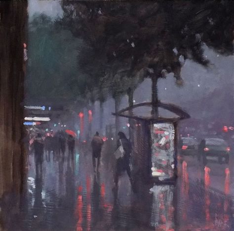 Bus Stop - King William Street 30x30cm oil on board - Mike Barr City Pics, Rainy Street, Rain Painting, King William, Nostalgic Art, City Drawing, Deep Art, Art Gallery Wallpaper, City Landscape