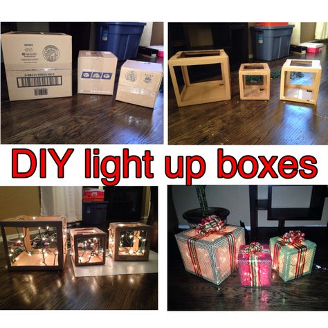 DIY light up presents out of cardboard boxes  -need glue gun -string of 100 lights  - sheer fabric  - ribbon  And of course, 3 cardboard boxes (3 different sizes) Christmas Cardboard Box Ideas, Christmas Decor Presents, Diy Light Up Gift Boxes, Light Up Present Boxes Diy, Christmas Light Box Ideas, Cardboard Box Crafts Christmas, Diy Fake Presents Decor, Cardboard Box Christmas Ideas, Cardboard Box Christmas Decorations