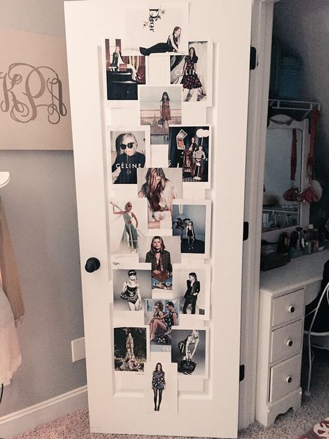 Closet Door Photo Collage, Room Door Decor Ideas, Closet Door Decoration Ideas, Decorated Doors Bedroom, Closet Door Decor, Vogue Bedroom, Door Room Decor, Room Door Decor, Door Collage