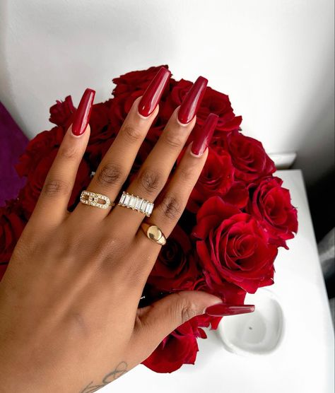 Red Acrylic Nails Christmas, Red Nails On Black Women, Deep Red Acrylic Nails, Trending Red Nails, Long Red Almond Nails, Red Glossy Nails, Narco Wife, Red Nails Black Women, Red Nails On Dark Skin