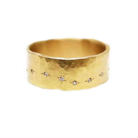 This funky large band has a wandering band of diamonds dancing around its richly textured surface. Such a great ring to stack with others! Recycled Gold diamonds 8mm wide band handmade Gold Bands With Diamonds, Handmade Gold Wide Band Ring, Organic Wedding Band, Textured Ring Band, Thick Gold Ring, Wide Gold Ring, Textured Wedding Band, Handmade Gold Ring, Fringe Jeans