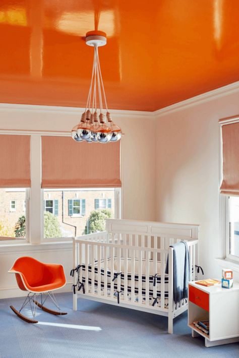 Orange Painted Ceiling, Lacquer Ceiling, Interesting Ceilings, Glossy Ceiling, Lacquered Ceiling, Gloss Ceiling, Orange Nursery Decor, Orange Ceiling, Heights House