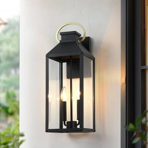 Wiley 2-Light Black Outdoor Wall Lantern Sconce Light with Gold Accent - 20.5'' H - Bed Bath & Beyond - 41118157 Black Exterior Light Fixtures, Deck Door, Garage Deck, Door Lighting, Mansard Roof, Porch Lights, Exterior Light Fixtures, 2 Candle, Front Door Porch