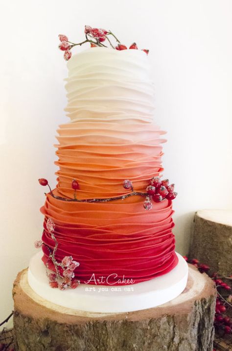 Red And Orange Wedding Cake, Sunset Theme Wedding Cake, Orange Wedding Cake Ideas, Sunset Wedding Cake, Orange Cake Design, Wedding Cake Orange, Ombré Wedding Cake, Autumn Wedding Cake, Ombre Cakes