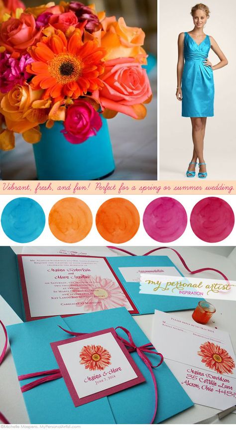 painted wedding ideas | Daisy & Summer Wedding Color Love | Unique Wedding Invitations ... Wedding Colors Summer, Boda Mexicana, Summer Wedding Colors, Theme Color, Brides Magazine, Teal Orange, Orange And Turquoise, Orange And Pink, Unique Wedding Invitations