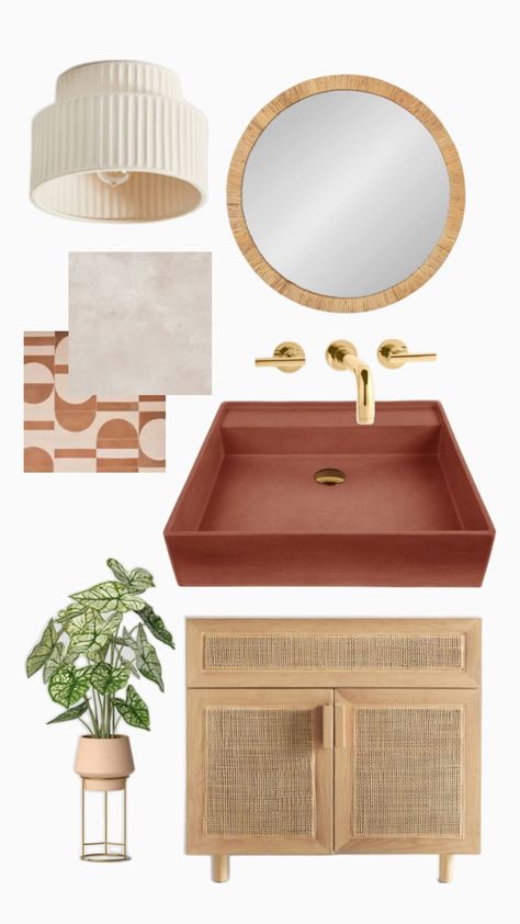 Featuring our Newport vessel sink in the shade Terra Cotta. Compatible with our Pasadena Freestanding Console. Overflow feature optional. Mood board for small powder room, primary bathroom suite, commercial office space, retail washroom design inspo and more. Mood board planing for bathroom remodel, bathroom decor refresh, custom home build. Perfect for indoor/outdoor handwashing stations. Handcrafted in Las Vegas, NV, USA Concrete Vessel Sink, Small Powder Room, Custom Home Build, Modern Powder Room, Half Bath Remodel, Powder Room Vanity, Hand Washing Station, Commercial Office Space, Primary Bathroom