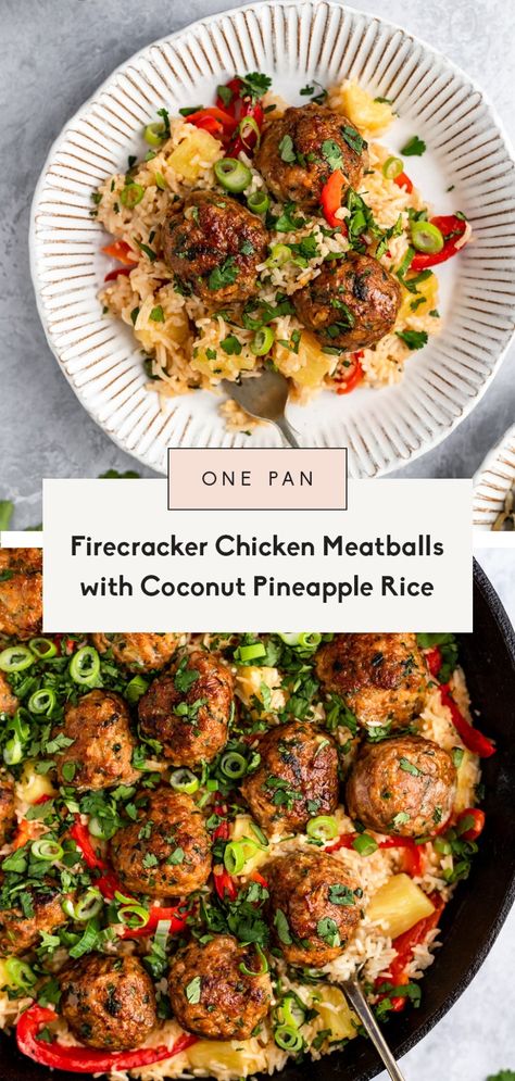 Incredible firecracker chicken meatballs made with flavorful spices and served with a creamy cilantro coconut pineapple rice. These healthy firecracker chicken meatballs are spicy, sweet, savory and make an incredible one pan meal. Easily made gluten free and perfect for meal prep! Coconut Pineapple Rice, Firecracker Chicken Meatballs, Firecracker Chicken, Pineapple Rice, One Pan Meal, Sweet And Spicy Chicken, Ambitious Kitchen, Peanut Butter Sauce, Macro Meals