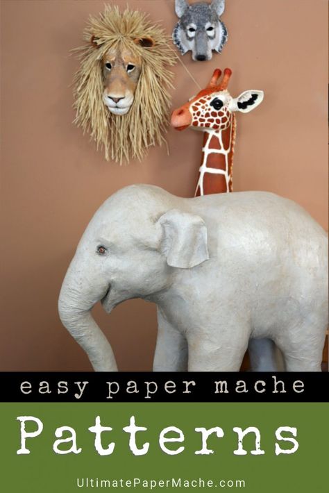 Four easy patterns for realistic animal sculptures to make with paper mache. These are the most popular projects on UltimatePaperMache.com #elephant #lion #giraffe #wolf Paper Clay Projects, Paper Mache Sculpture Diy, How To Make Paper Mache Animals, Papier Mache Sculpture, Papier Mache Art, Paper Mache Sculpture Ideas, Paper Mache Animals Easy, Paper Mache Art Projects, Paper Mache Crafts For Kids