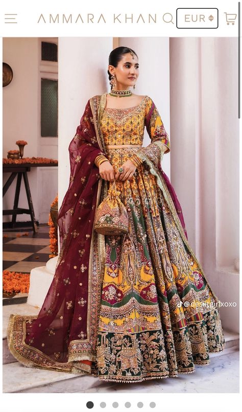 Gharara Outfits, Mehndi Lehnga, Yellow And Emerald Green, Mehendi Outfits For Bride, Mehndi Bride, Heavy Lehenga, Mehendi Outfits, Girls Party Wear, Bridal Dresses Pakistan