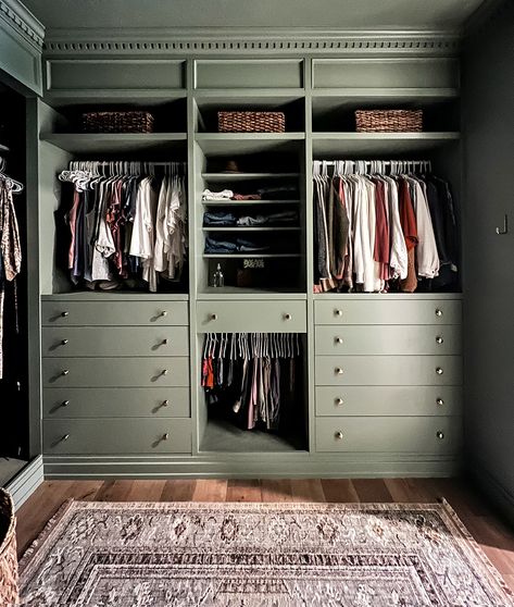 Unbelievable Ikea Pax Primary Closet Reveal | Built In Bedroom Closet Wall, Green Built In Closet, Armoire In Closet, Ikea Ipax, Desk In Master Closet, Olive Green Closet, Green Closet Aesthetic, Dresser In Master Closet, Closet Built In Ideas