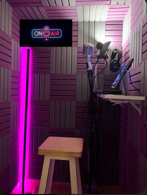 Recording Studio In Bedroom, Closet Recording Booth, Pink Music Studio Aesthetic, Recording Studio Bedroom Ideas, Girly Music Studio, Pink Recording Studio, Pink Music Studio, At Home Recording Studio, Home Recording Studio Aesthetic