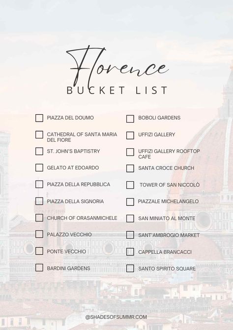 florence bucket list with picture of duomo in background Italy Travel Florence, Florence To Do List, Florence Italy Bucket List, Florence Itenary, Pisa Bucket List, Florence In February, Tuscany Bucket List, 3 Days In Florence Italy, Best Things To Do In Florence Italy