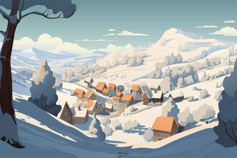 Background Winter Village Snow Landscape Concept Art, Snowy Village Illustration, Klaus Artwork, Snowy Village Art, Snowy Mountains Illustration, Winter Town Illustration, Snowy Village Fantasy Art, Winter Village Illustration, Winter Village Aesthetic