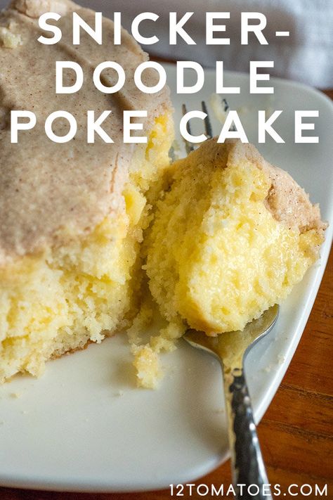 Snickerdoodle Poke Cake | 12 Tomatoes Snickerdoodle Poke Cake Recipe, Snickerdoodle Poke Cake 12 Tomatoes, Snickerdoodle Poke Cake, Vanilla Poke Cake Recipes Pudding, Snickerdoodle Dump Cake, Cinnamon Roll Poke Cake, Twelve Tomatoes, Snickerdoodle Cake, Dump Cakes