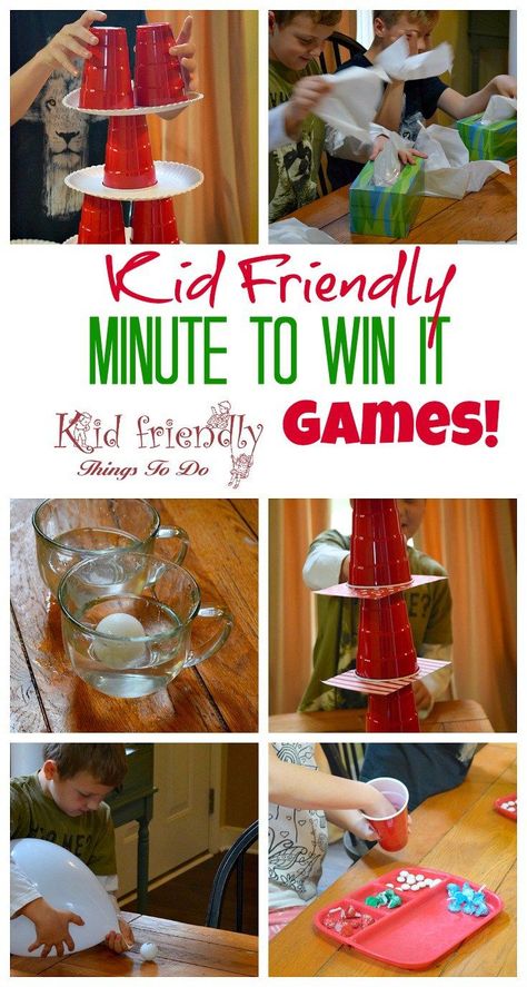 Kid Friendly Easy Minute To Win It Games for Your Party - Simple and fun games for your holiday, school, New Years, or anytime party! http://www.kidfriendlythingstodo.com #minutetowinitgames #familyminutetowinitgames #teenminutetowinitgames #kidminutetowinitgames Permainan Kerjasama Tim, Deco Gamer, Kids New Years Eve, New Year's Games, Diy Kids Games, Minute To Win, Christmas Games For Kids, Bloc Party, Minute To Win It Games