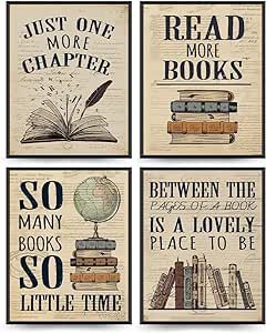 PLKMN Reading Posters for Library 8x10, Classroom Decor, Library Decor, Book Club Decorations, Book Lovers Gifts, Retro Vintage Wall Art for Reading Room Classroom Nursery, Set of 4 Unframed Book Themed Party Decorations, Book Party Decorations, Vintage Classroom Decor, Bookish Decor, High School English Classroom, Book Themed Party, Educational Decor, Reading Posters, Book Wall Art