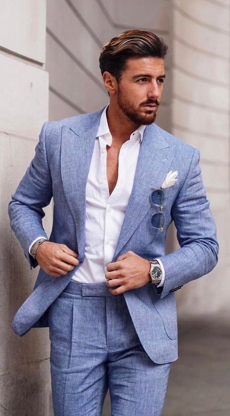 Trendy Wedding Outfits, Best Wedding Outfits, Wedding Outfits For Men, Casual Suit Look, Mens Casual Wedding Attire, Summer Wedding Suits, Summer Wedding Attire, Casual Wedding Attire, Light Blue Suit