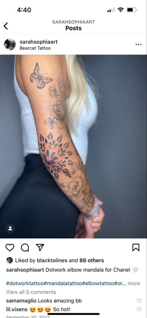 Sticker Sleeve Women Tattoo, Pretty Elbow Tattoos For Women, Girly Elbow Tattoo, Women Elbow Tattoo Ideas, Flower Elbow Tattoos For Women, Womens Elbow Tattoo, Feminine Elbow Tattoo, Around Elbow Tattoos For Women, Mandala Elbow Tattoo Women