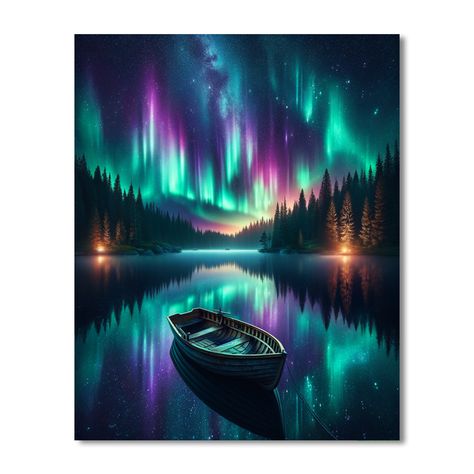 Capture the mesmerizing beauty of the Northern Lights with Aurora Lakeside Whisper. This artwork features a tranquil lake reflecting the vibrant dance of green and purple lights in the night sky. A small wooden boat floats gently on the water, adding a sense of solitude and peace. Perfect for those who seek to bring the magic of natures nighttime display into their home, this piece is ideal for a bedroom or meditation space, offering a calming influence and a touch of natural wonder.What's in th Acrylic Northern Lights Painting, Aurora Lights Painting, Easy Northern Lights Painting, Aurora Borealis Painting, Northern Lights Canvas, Purple Lights, Northern Lights Painting, Colour Art, Mesmerizing Beauty