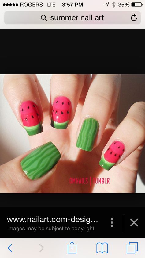 Watermelon to the extreme Watermelon Nail Designs, Maroon Nail Designs, Watermelon Nail, Watermelon Nail Art, Summer Nail Art Designs, Pride Nails, Pedi Ideas, Fruit Nail Art, New Years Nail Designs