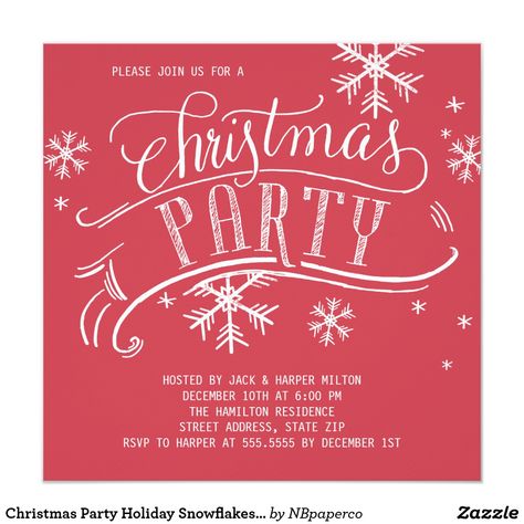 Christmas Party Holiday Snowflakes Square Red Invitation Hand-Lettered Fancy Holiday Party, Red Invitation, Christmas Party Host, Holiday Christmas Party, Calligraphy Artwork, Holiday Snowflakes, Christmas Party Invitation, Holiday Invitations, Modern Invitation