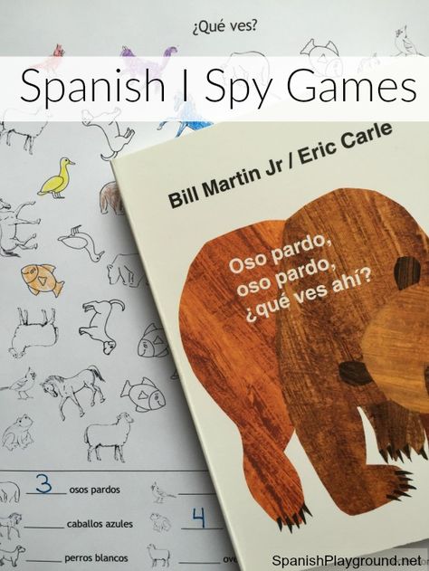 I Spy games for kids learning Spanish can be adpated to teach vocabulary related to any theme. Spanish Animals Worksheet, Spanish Games For Elementary, Spanish Animals Activities, Spanish Speaking Countries Activities, Spanish Games For Kids, Brown Bear Brown Bear Activities, Spanish Animals, Spy Games For Kids, Spanish Stories