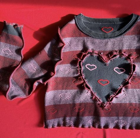 Punk Sweater Diy, Punk Sweater, Fairy Glitter, Heart Clothing, Sweater Diy, Goblin Core, Heart Clothes, Clothing Diy, Charity Shop