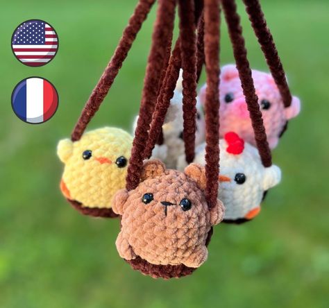 5 in 1 crochet pattern : chick/duck/pig/bear/rabbit on a swing car hanger, amigurumi pattern, PDF (English & French), crochet decoration par MargoteYarn sur Etsy Crochet Swinging Animal, Car Hanger Crochet, Fidget Crochet, Chenille Crochet, French Crochet, Chunky Yarn Crochet, Velvet Yarn, Car Hangers, Chenille Yarn