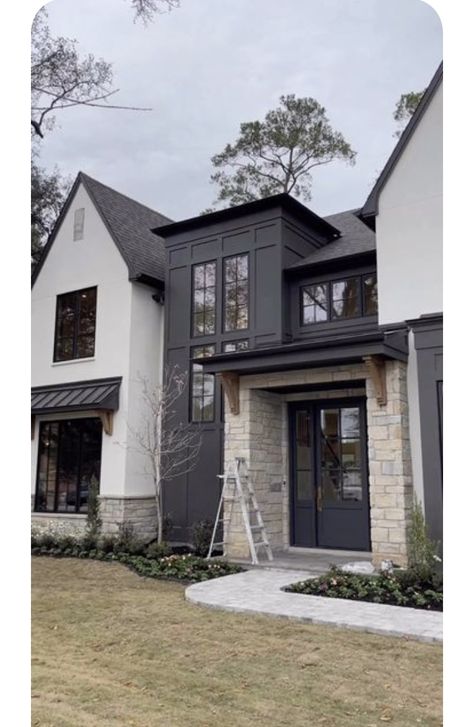 Black Dormers White House, Black Dream House, Concrete House Exterior, Lights Video, Modern Exteriors, Gable House, House Front Porch, Paint Color Ideas, House Remodeling