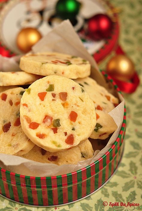 Christmas is around the corner and these colorful tutti frutti cookies are just apt for the season. Tutti frutti is nothing but candied... Eggless Biscuits, Fruit Biscuits, Fruity Cookies, Papaya Recipes, Eggless Cookie Recipes, Vegan Christmas Cookies, Cutlets Recipes, Fruit Cookies, Eggless Baking