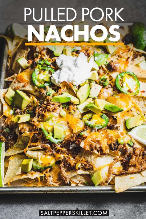 Take your nacho game up a notch or two, by adding in succulent pulled pork with melty cheese and a drizzle of BBQ sauce to bring it all together. Pulled Pork Nachos Recipe, Pork Nachos Recipe, Pulled Pork Chili, Pulled Pork Leftover Recipes, Pulled Pork Nachos, Grilling Recipes Sides, Pork Chili, Sweet Bbq Sauce, Pork Nachos