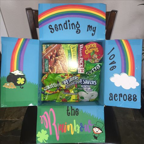 St Patrick's Day Care Package St Patrick’s Day Care Package, Easter College Care Package Ideas, Rainbow Care Package, Purple Care Package, Care Packages, College Gift Boxes, Easter Care Package, Care Package Decorating, Diy Care Package