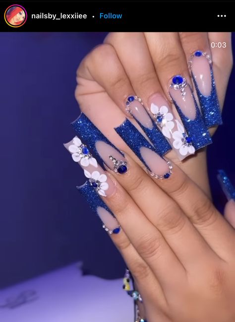 Dark Blue Quinceanera Nails, Nails Blue Quince, Navy Blue Nails For Quince, Dark Blue Nails For Quince, Acrylic Nails Dark Blue, Dark Blue Nails With Butterflies, Black And Blue Nails, Cinderella Nails, Bright Summer Nails Designs