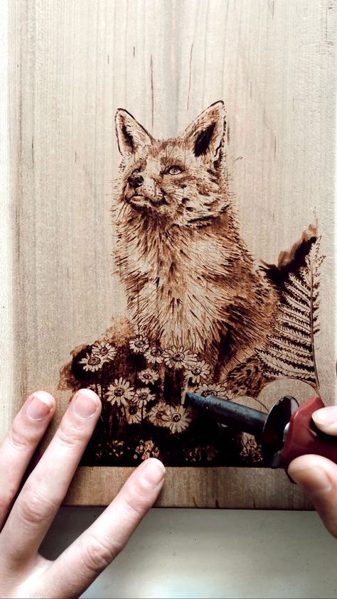 hippienorth on Instagram: Fox in the forest woodburning 🌲 Half way complete this 10x7” woodland commission on cherry wood. . . . . #woodburning #pyrography… Pyrography Tips, Fox In The Forest, Wood Burning Patterns Stencil, Pyrography Tools, Wood Burning Stencils, Wood Burning Techniques, Wood Burn Designs, Wood Burning Tool, Pyrography Art